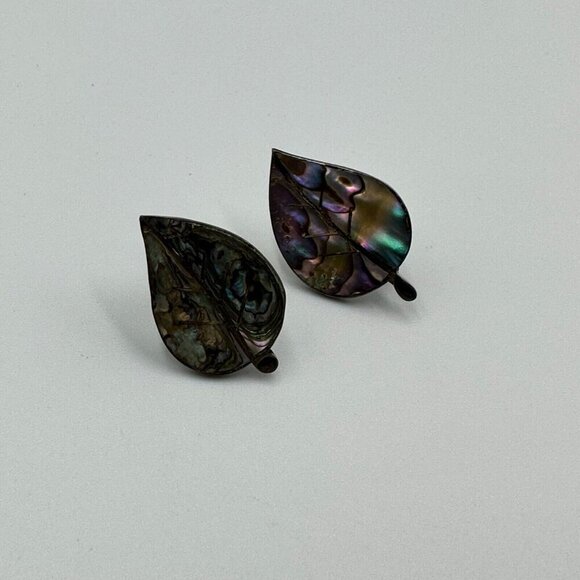 Vintage Abalone Leaf Earrings Sterling Silver Screw Back Lightweight Boho Dainty - Picture 4 of 10